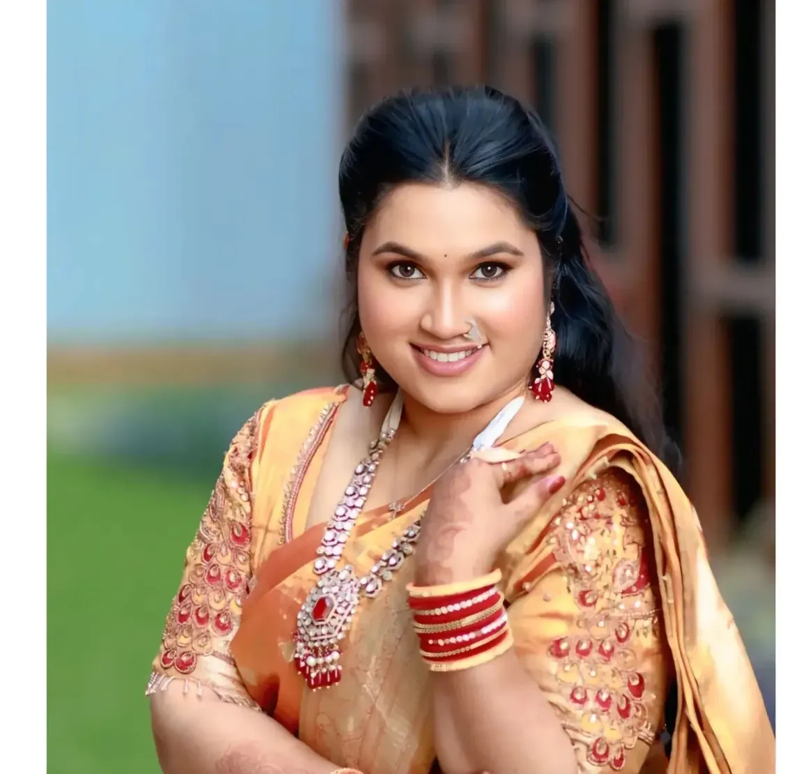Soft peach party makeup look with saree